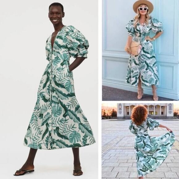 JOHANNA ORTIZ X H&M Linen Midi Dress Tropical Green Leaf Print Size XS - Picture 1 of 10